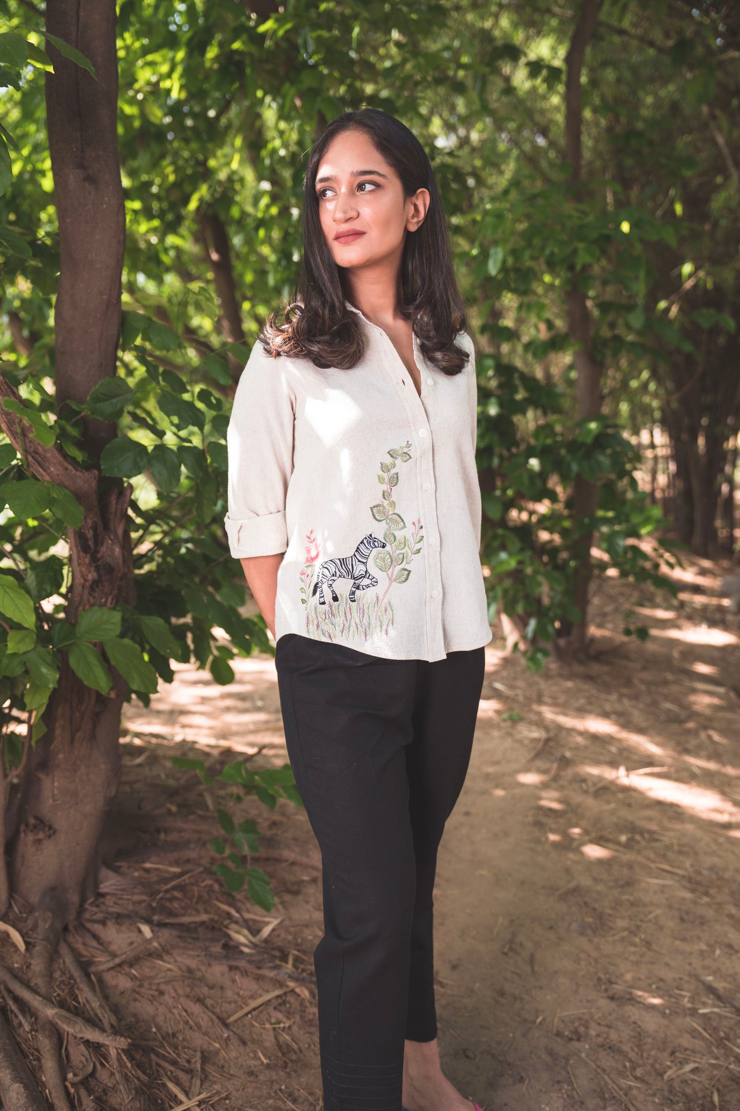 Beige Shirt with Embroidered Zebra