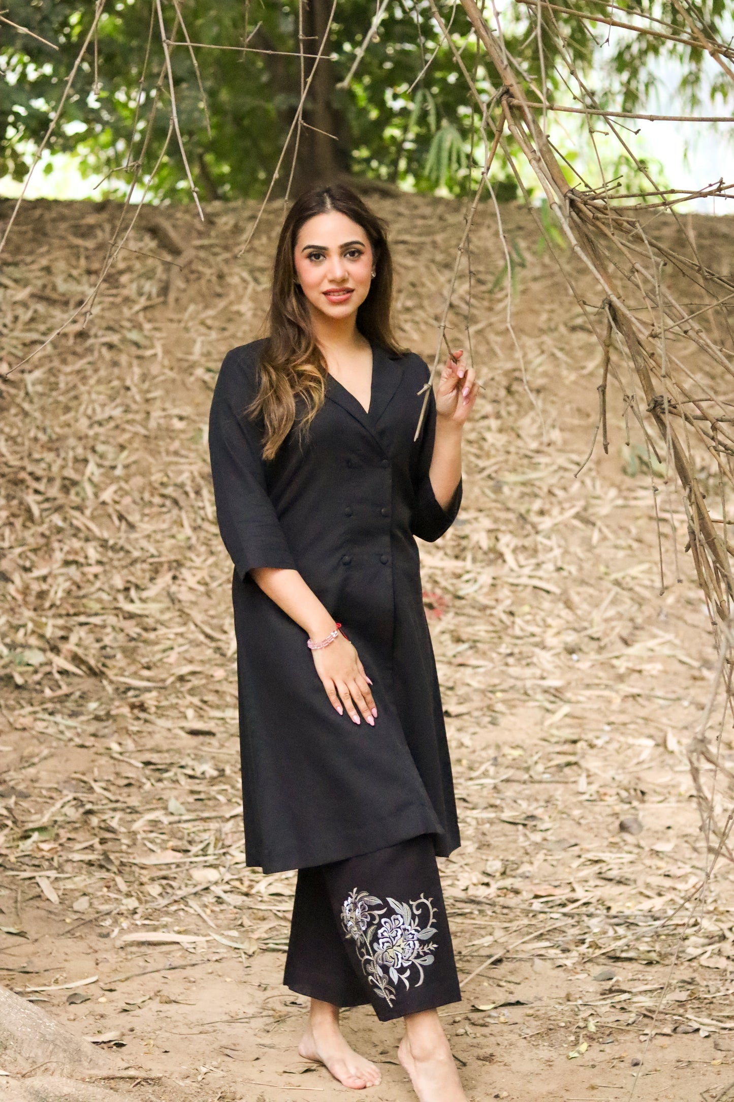 Black Double Breasted Kurta Set