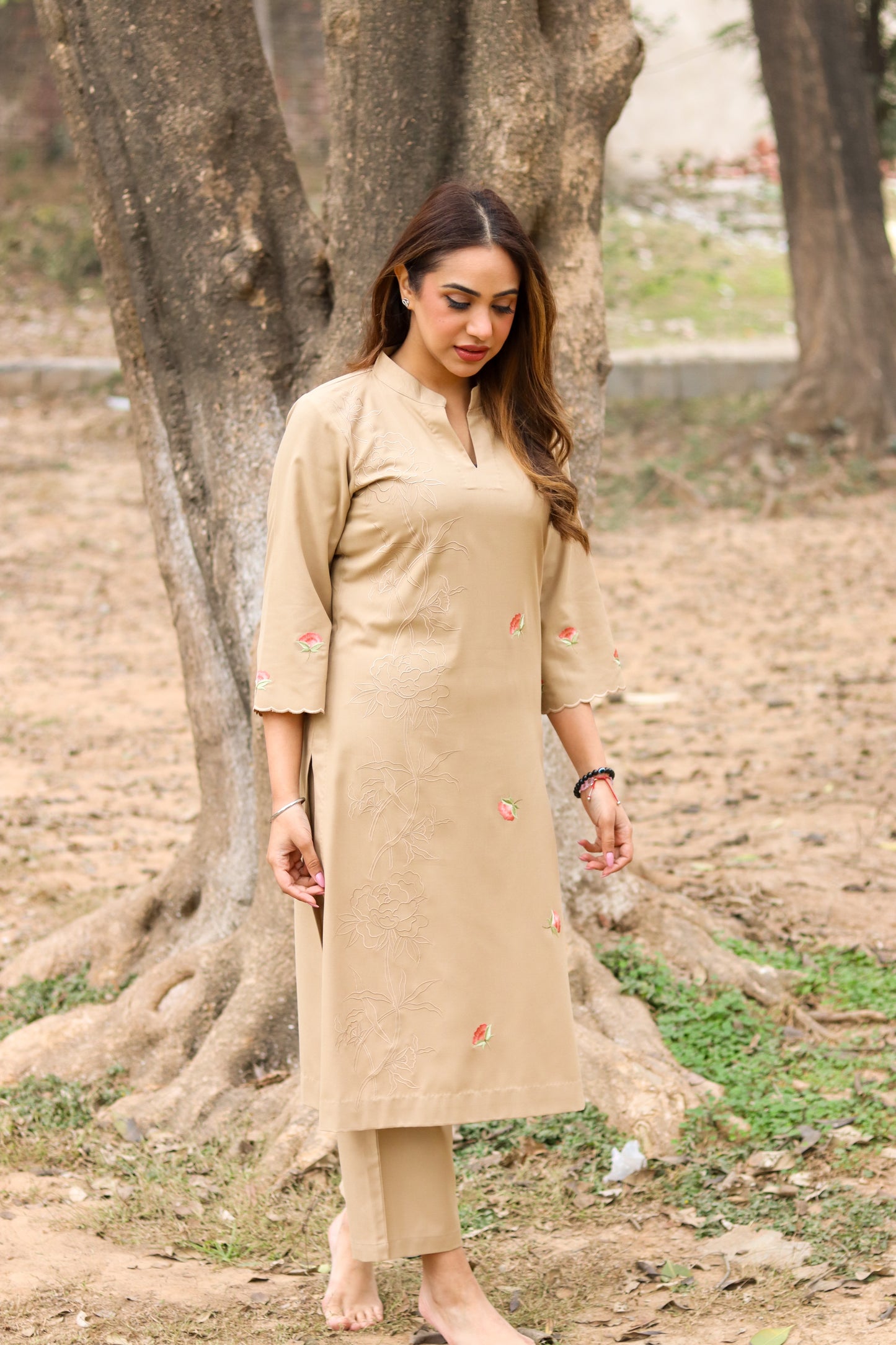 Beige Kurta Set with Peach Floral Petals