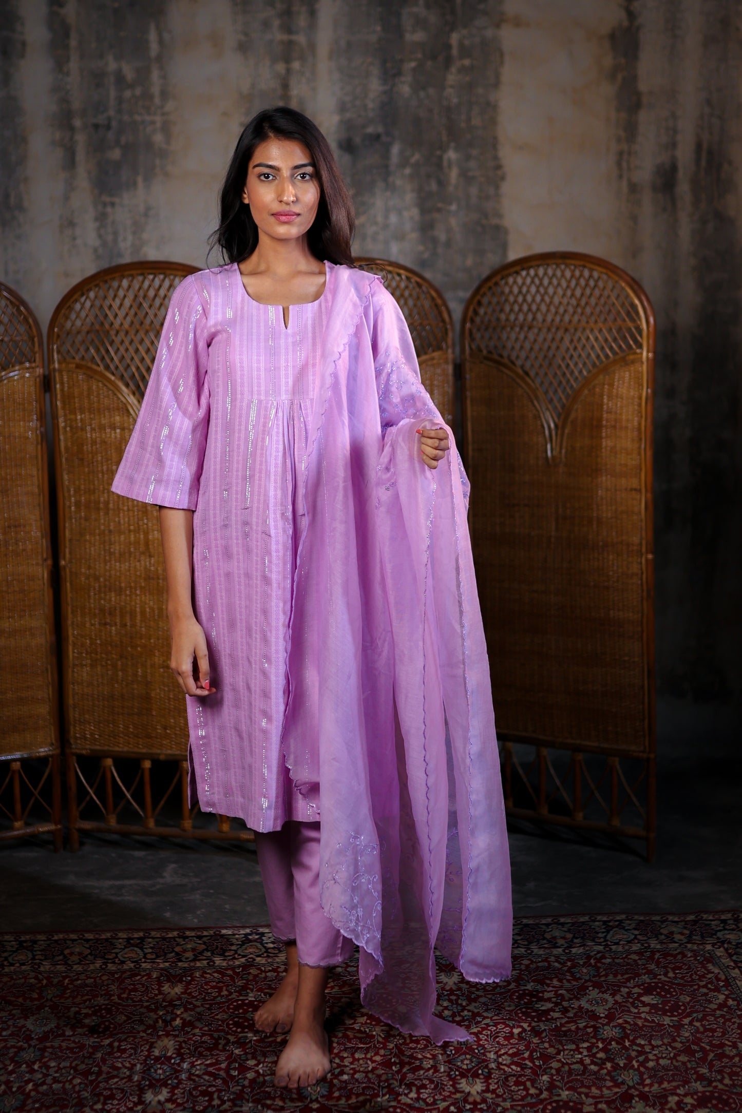 Lavender Kurta Set with Embroidered Dupatta