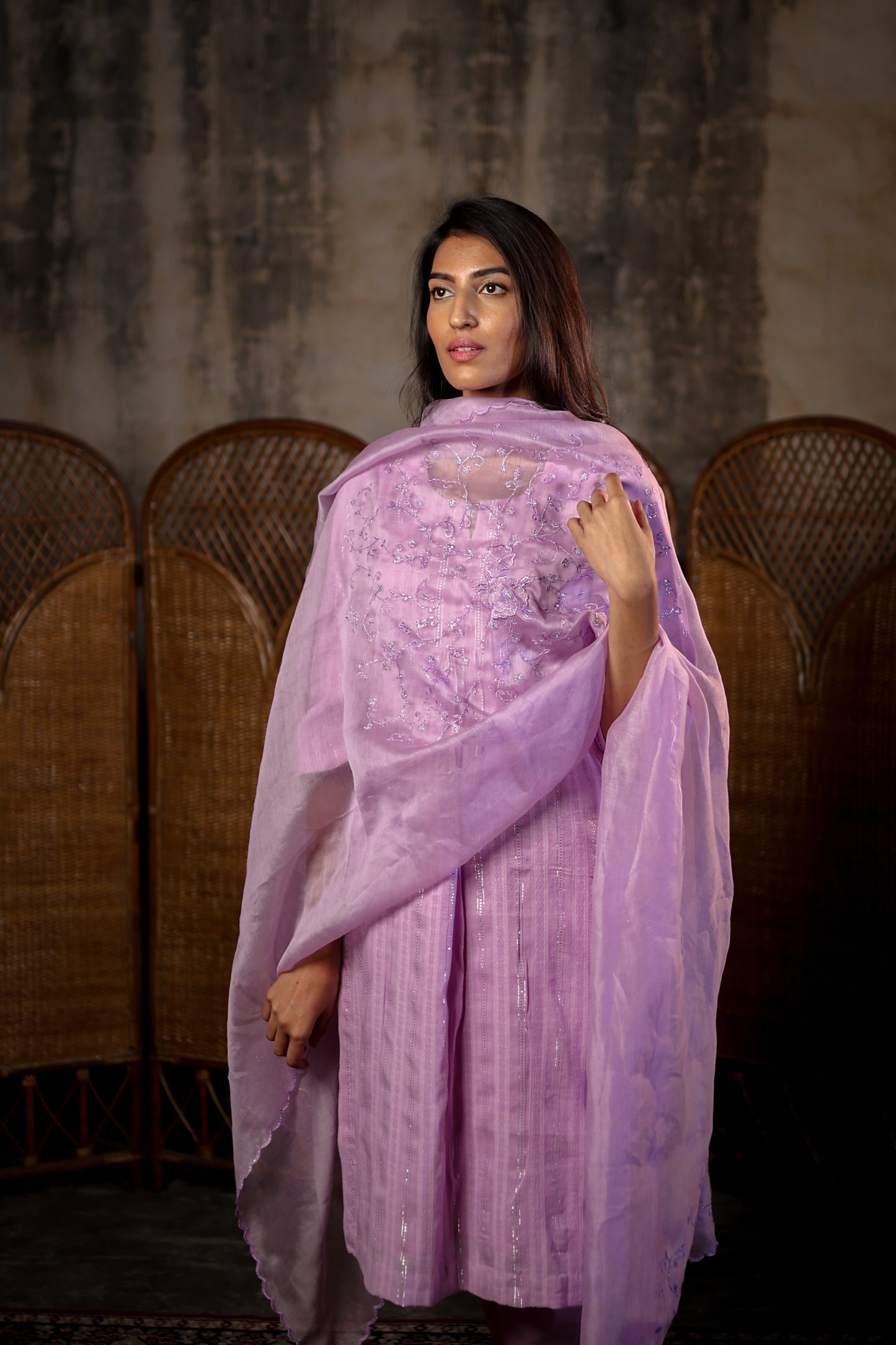 Lavender Kurta Set with Embroidered Dupatta