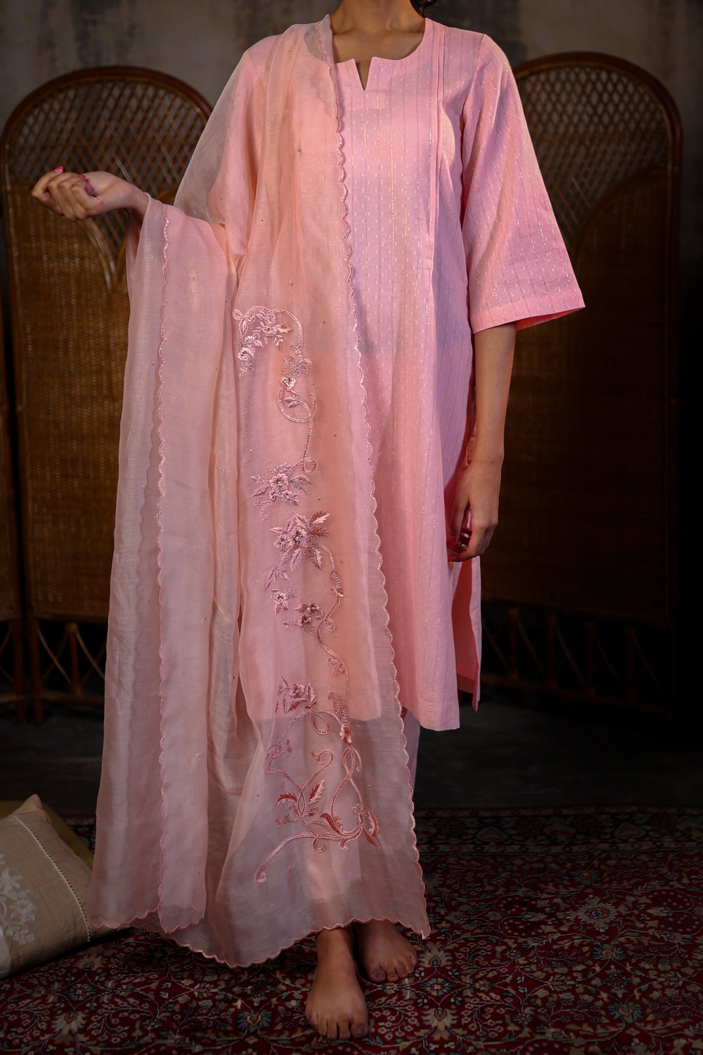 Peach Kurta Set with Embroidered Dupatta