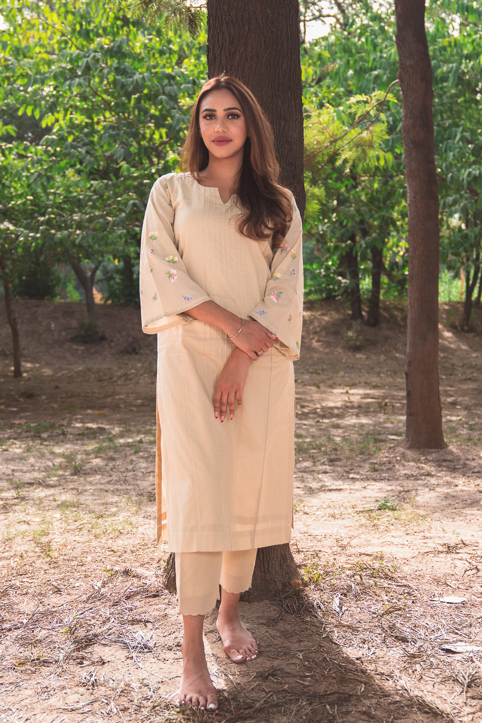 Beige Kurta Set with Embroidered Sleeves