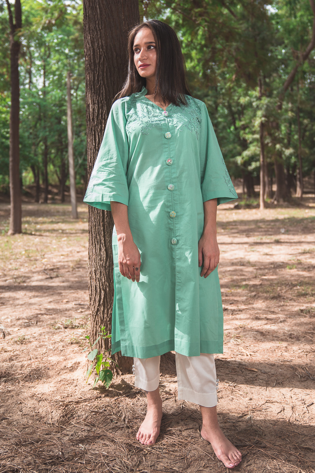 Waterfall Green Kurta Set with Embroidered Buttons