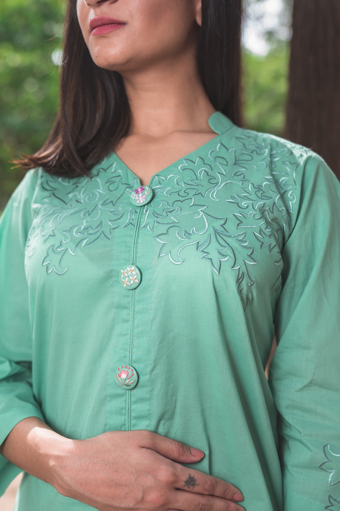 Waterfall Green Kurta Set with Embroidered Buttons