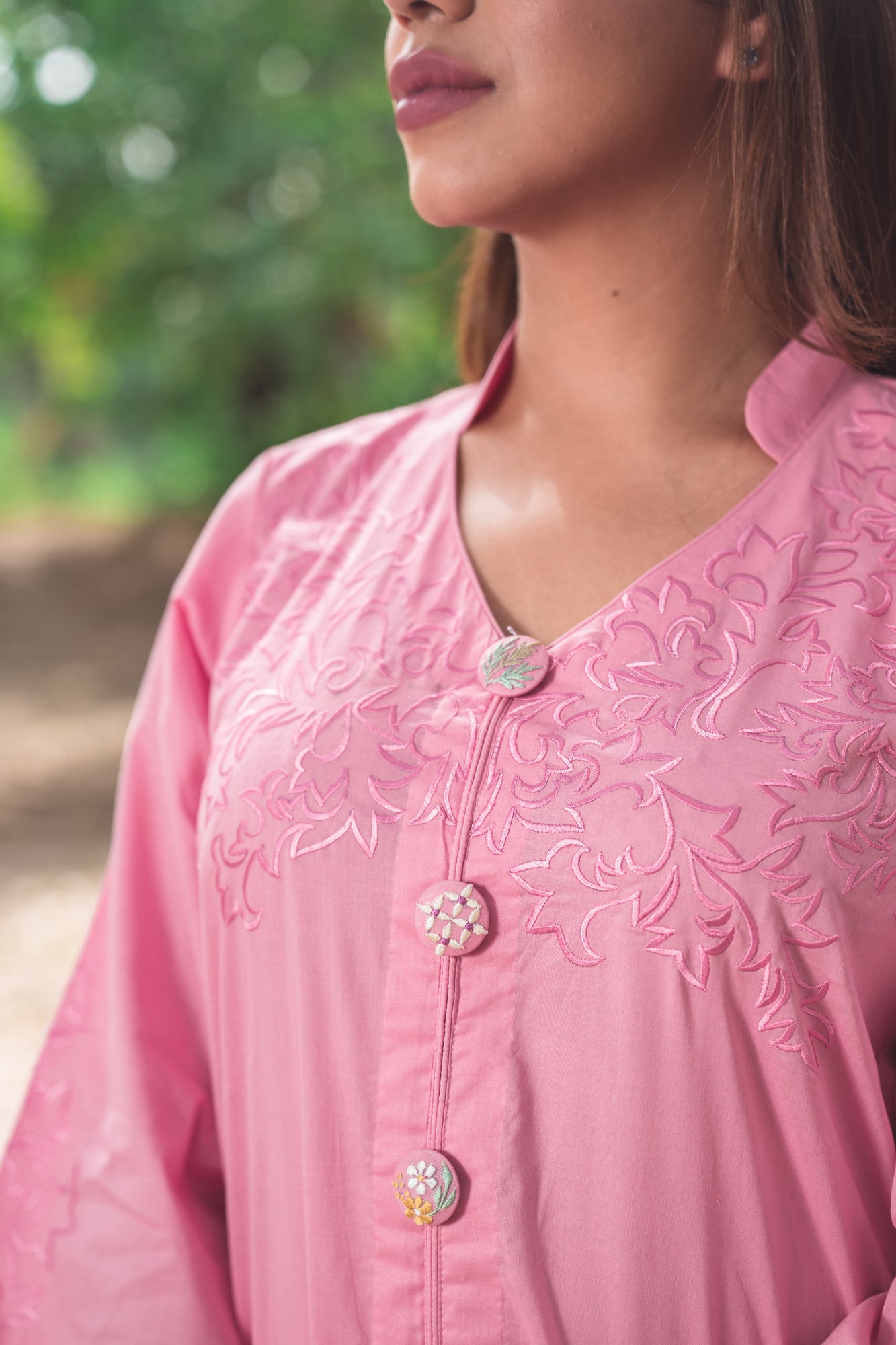 Peony Pink Kurta Set with Embroidered Buttons