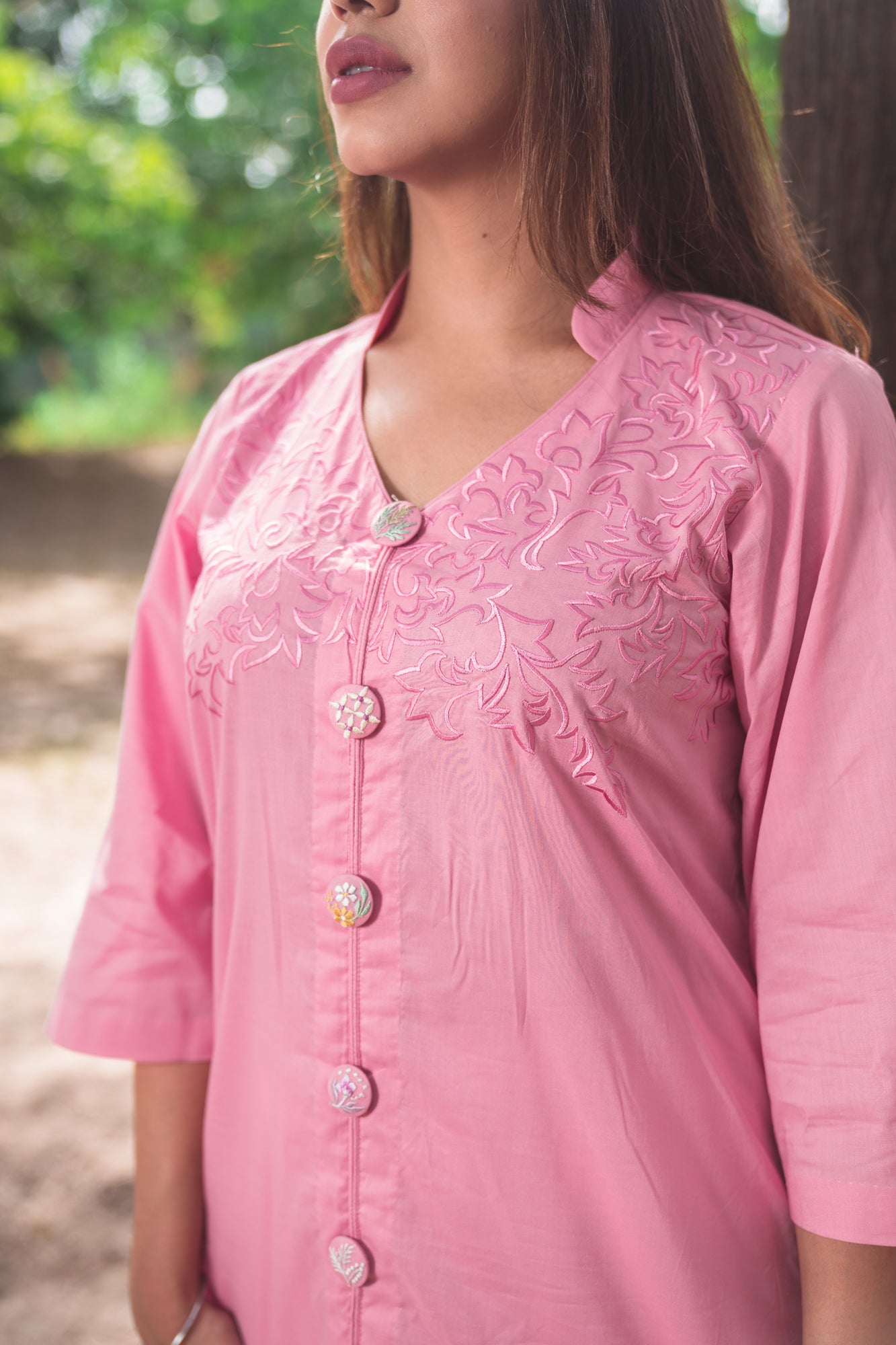 Peony Pink Kurta Set with Embroidered Buttons