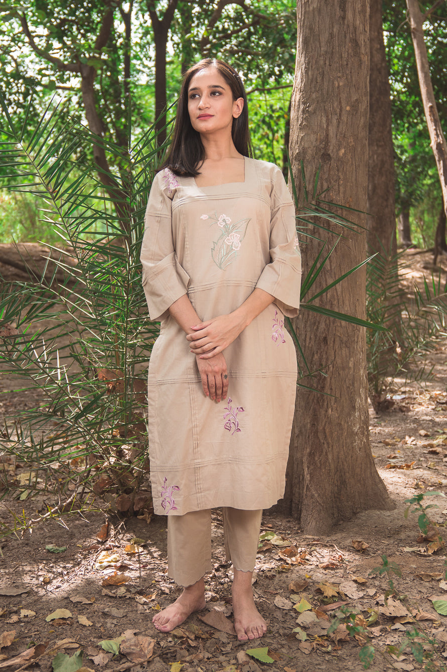 Taupe Kurta Set with Floral Motifs