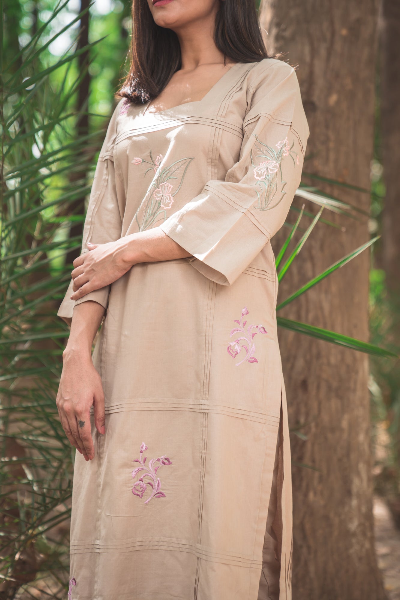 Taupe Kurta Set with Floral Motifs