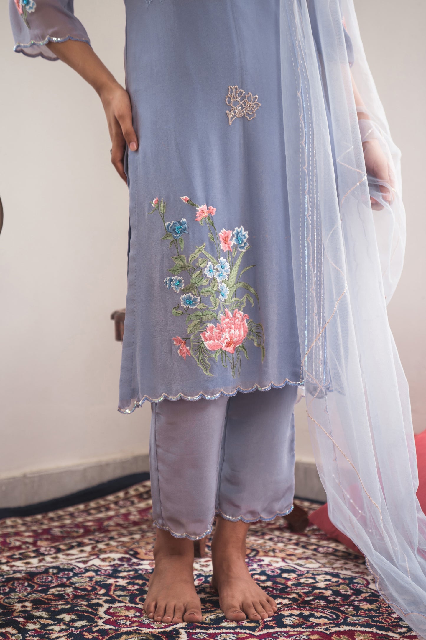 Georgette Kurta Set with Floral Embroidery in Lavender