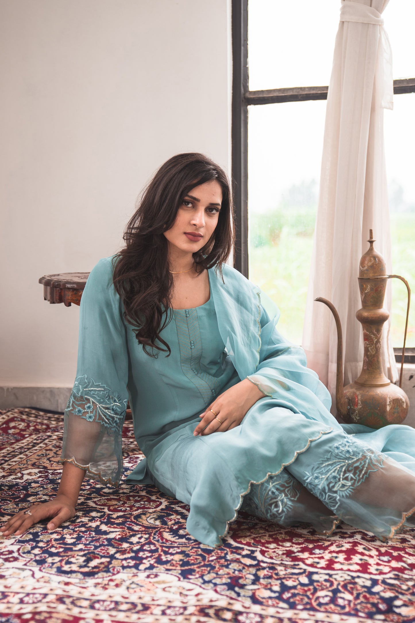 Crepe Kurta Set with Embroidered Pants in Teal