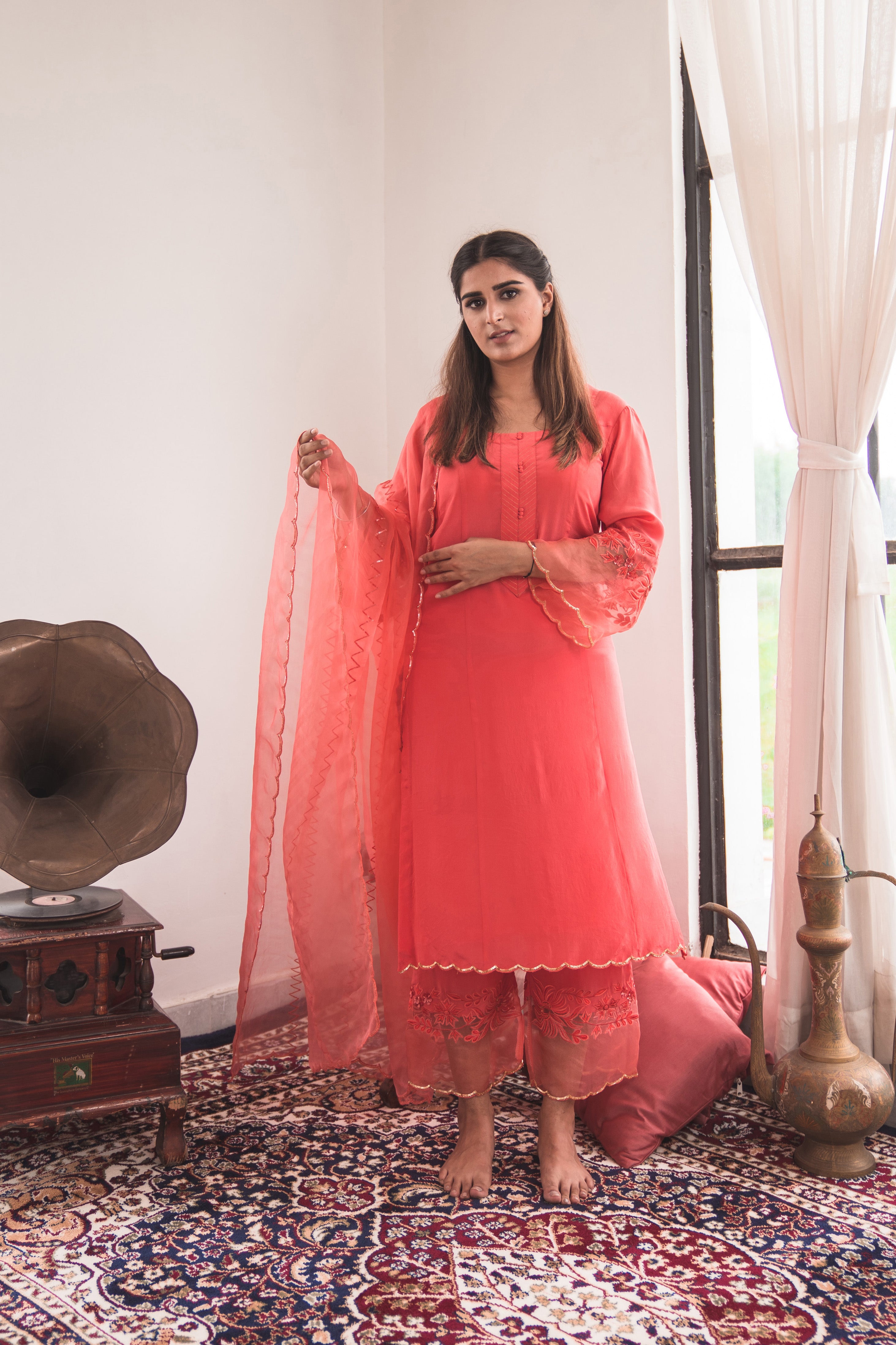 Floral Hand Embroidered Straight Kurta with Pants  Dupatta  Coral