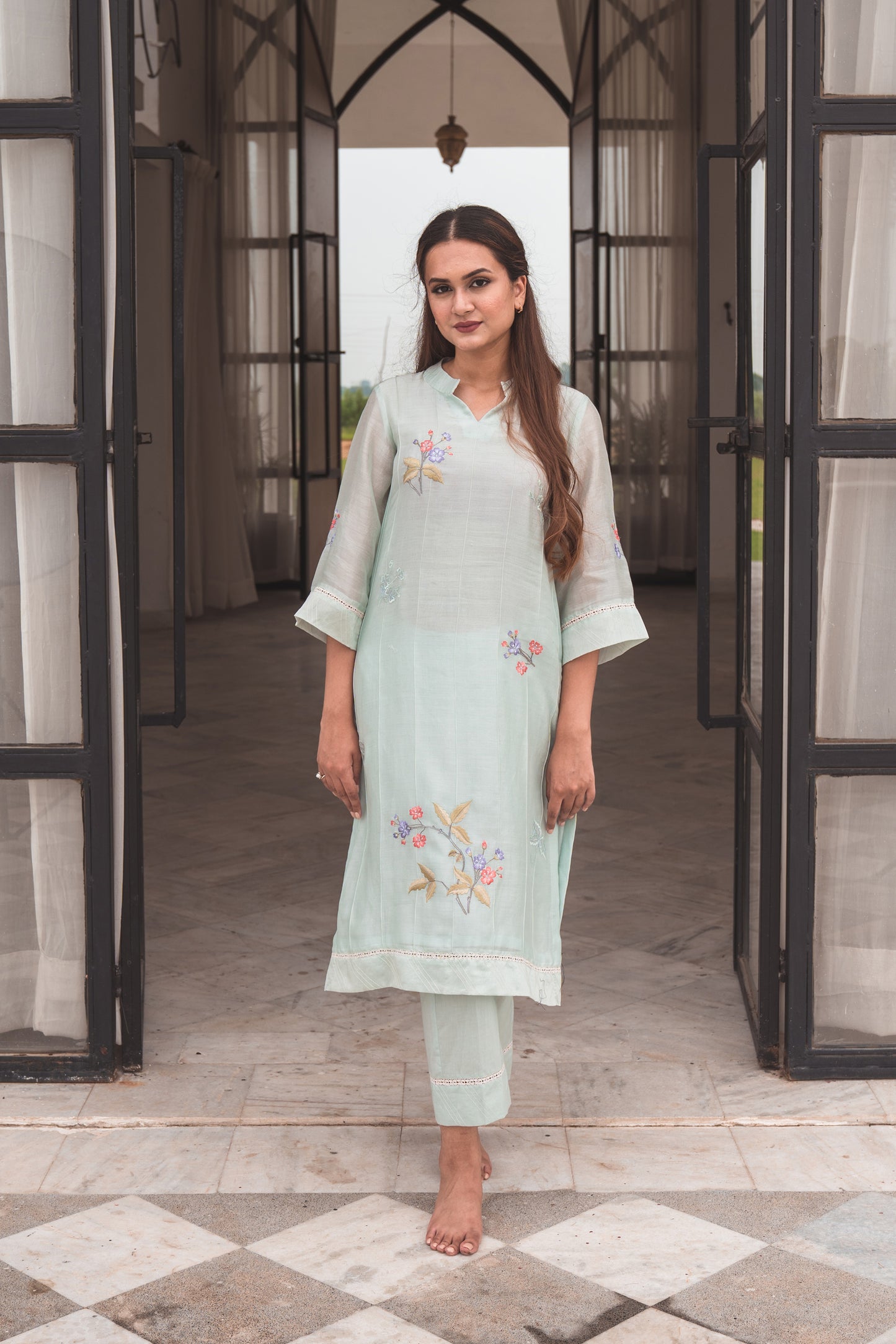 Soft Aqua Embroidered Kurta Set in Chanderi Silk