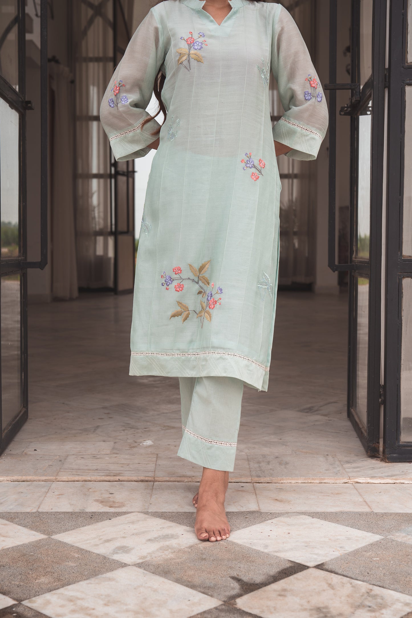 Soft Aqua Embroidered Kurta Set in Chanderi Silk