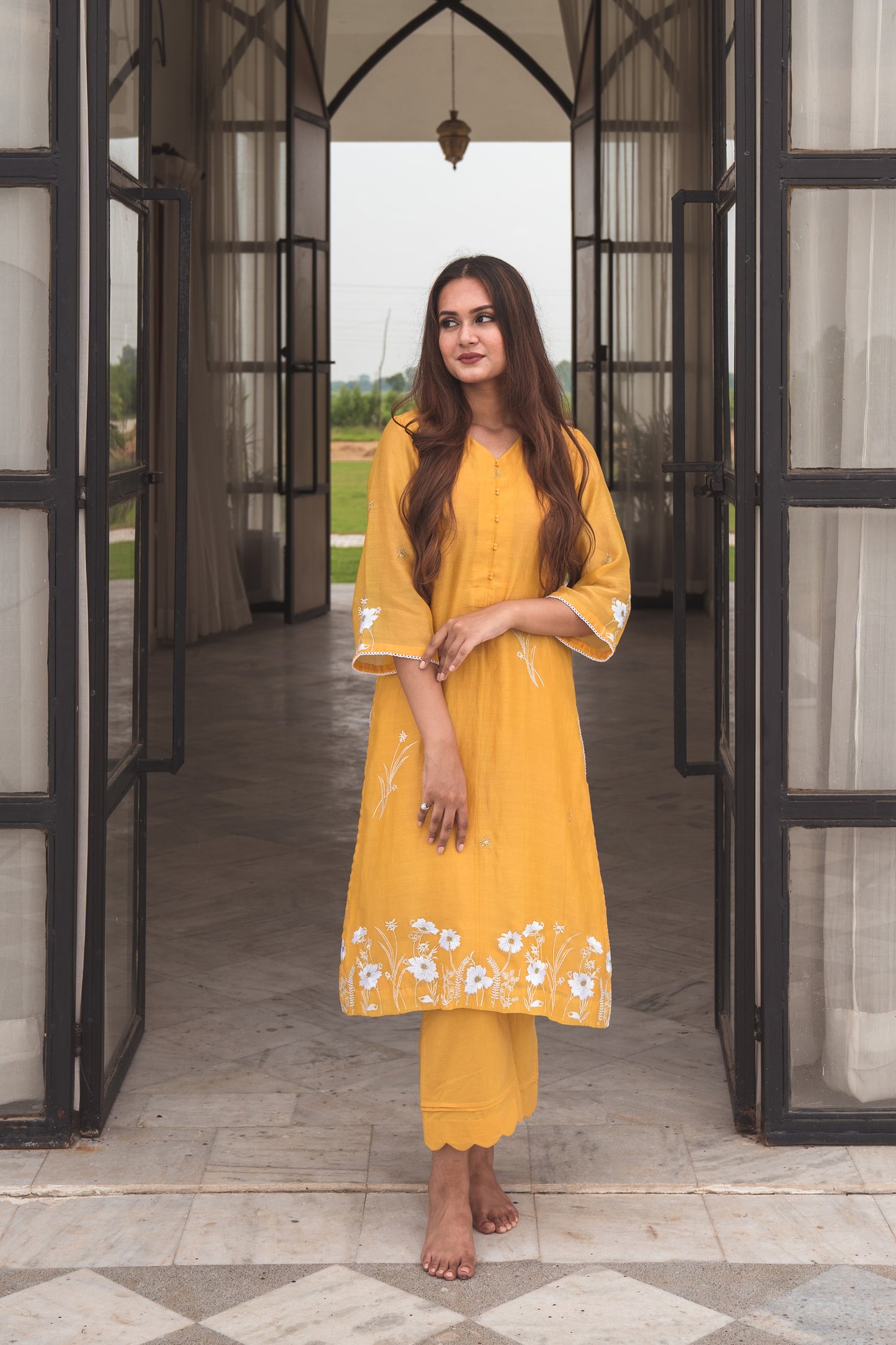 Yellow Chanderi Kurta Set with White and Gold Embroidery