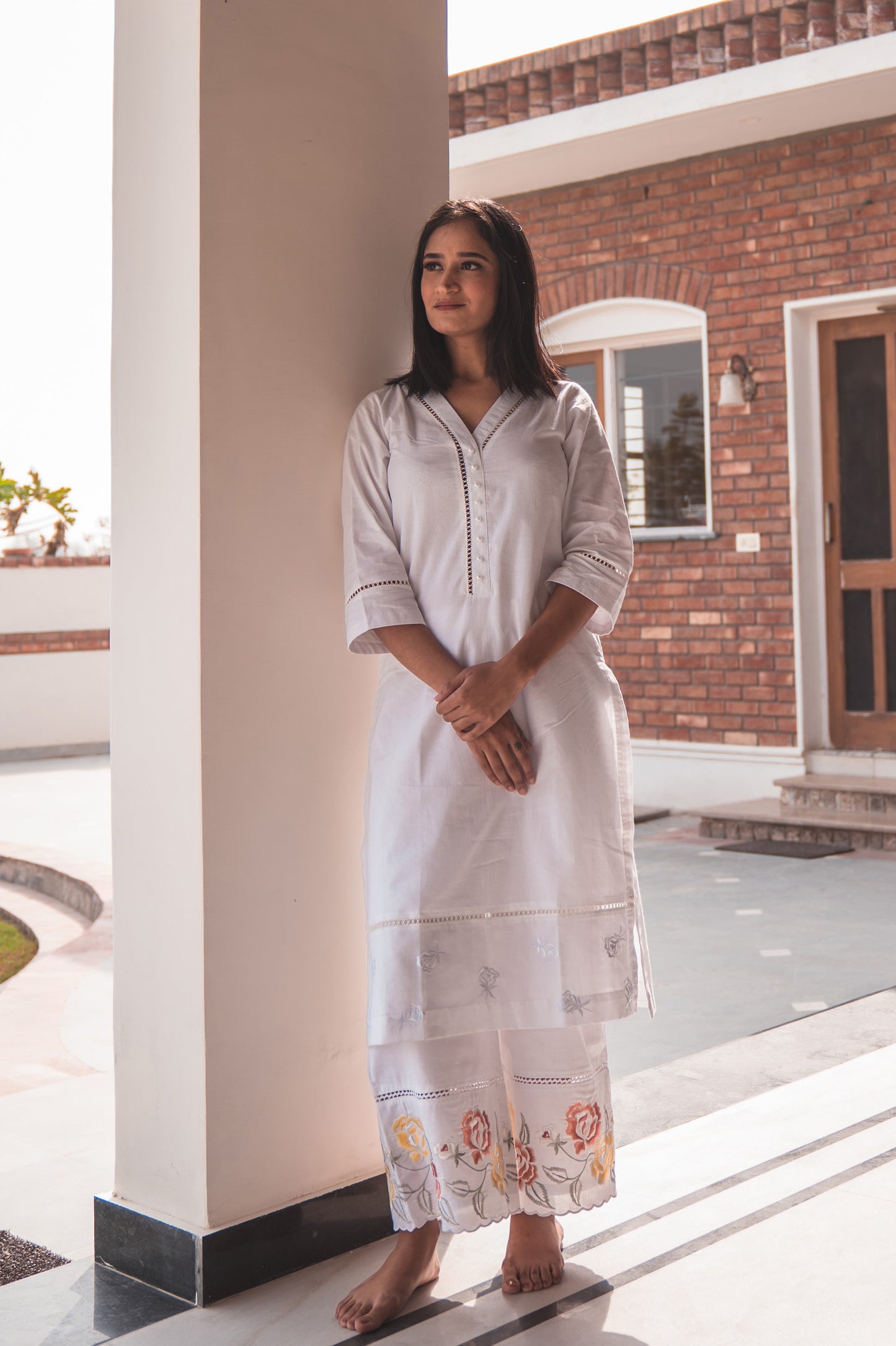 White Kurta Set with Rose Embroidered Pants