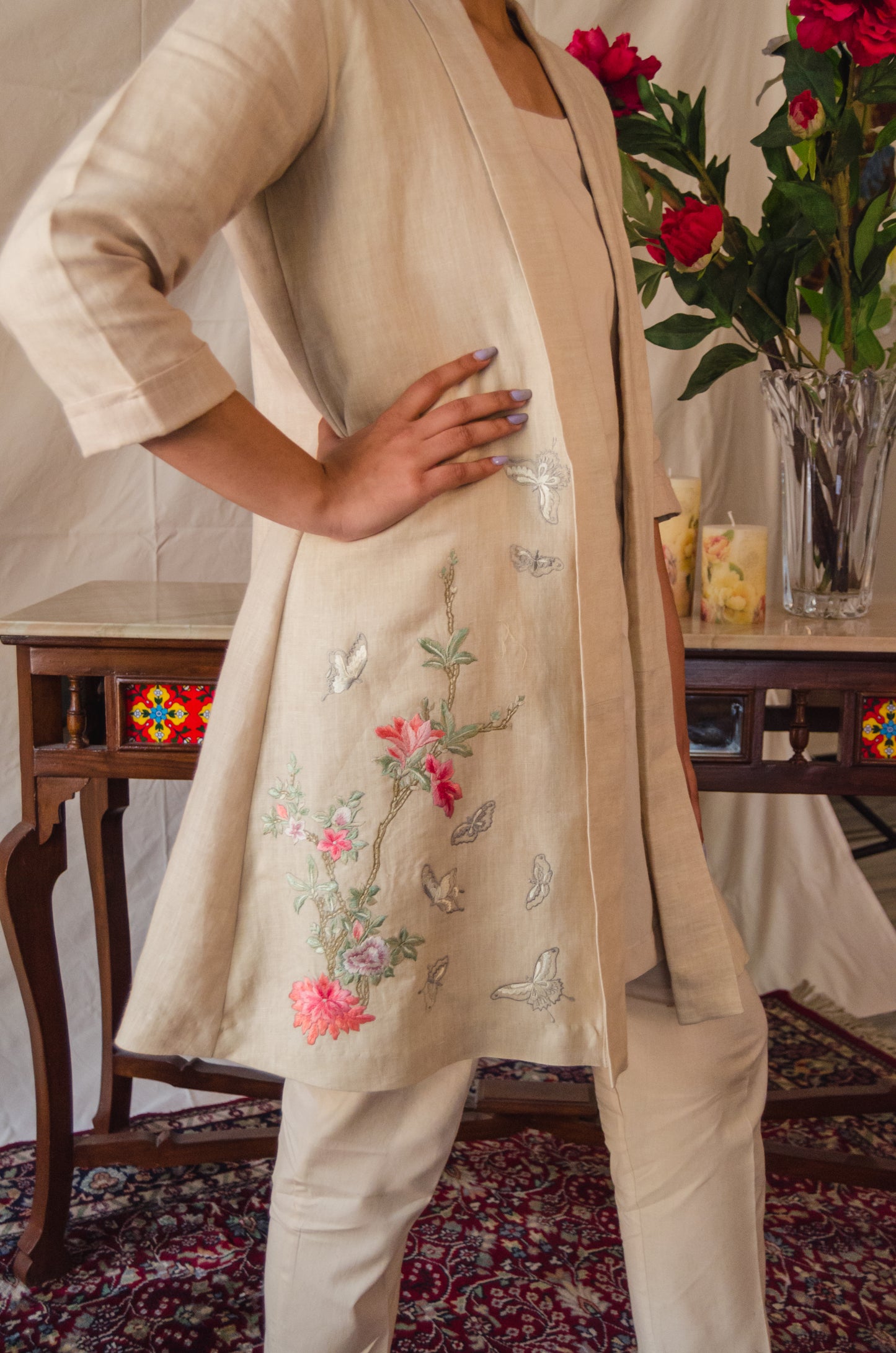 Beige Kurta Set with Embroidered Overlay in Butterfly pattern