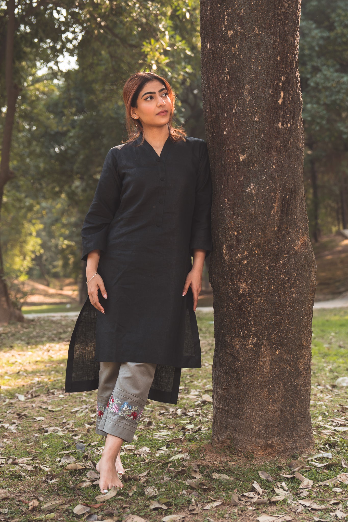 Black Kurta with Embroidered Pants in Stone Grey