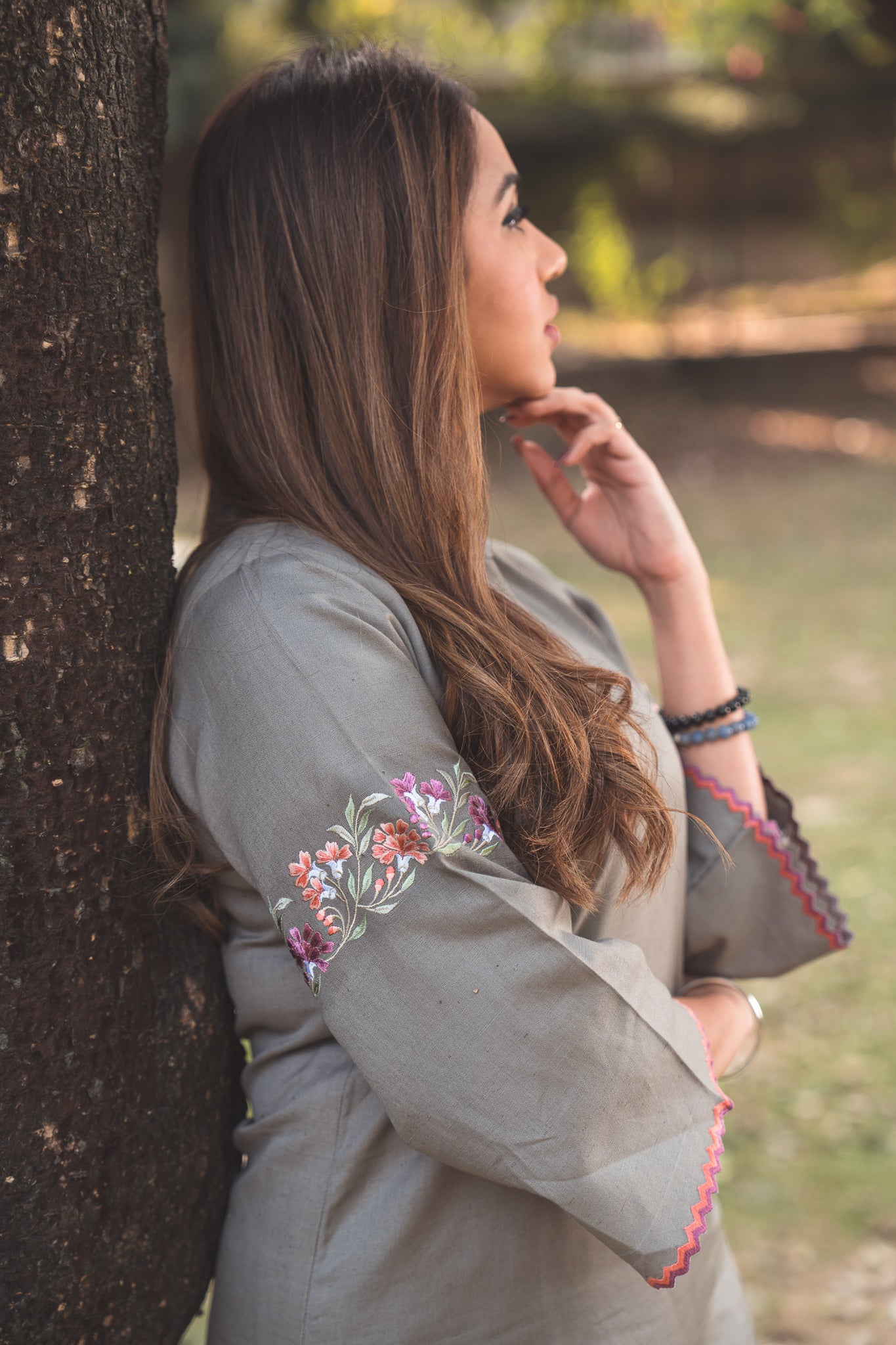 Stone Grey Embroidered Kurta with Black Pants