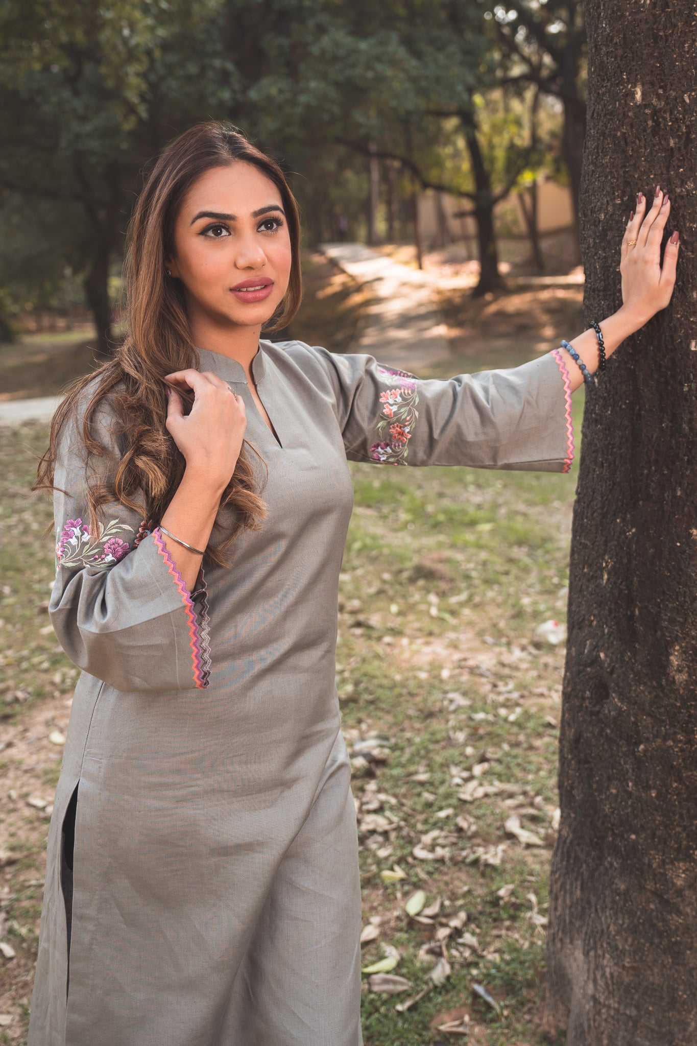 Stone Grey Embroidered Kurta with Black Pants