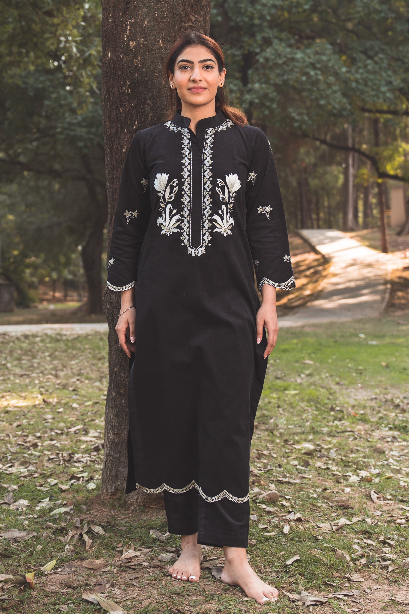 Black Corduroy Kurta Set with Embroidered Yoke