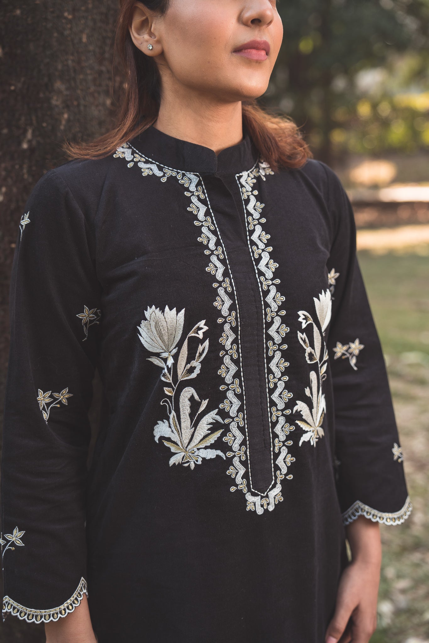 Black Corduroy Kurta Set with Embroidered Yoke