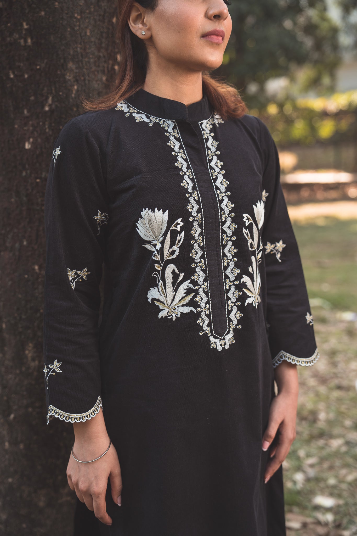 Black Corduroy Kurta Set with Embroidered Yoke