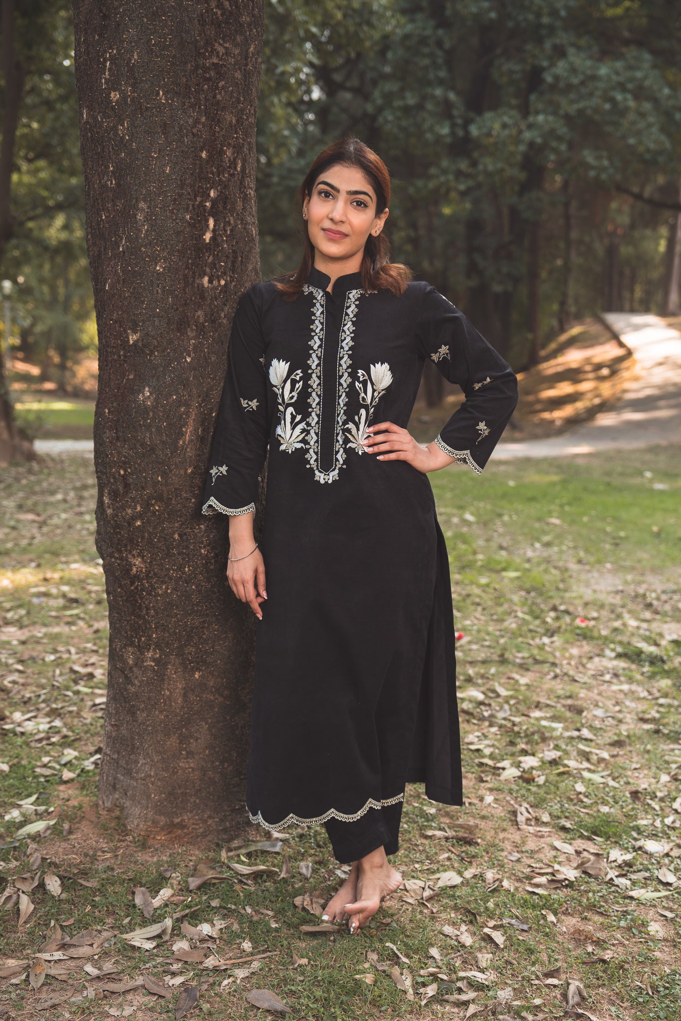 Black Corduroy Kurta Set with Embroidered Yoke